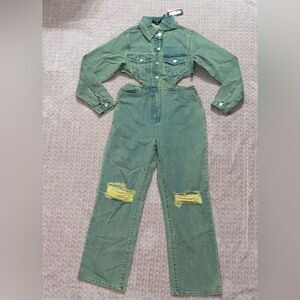 PrettyLittleThing Green Vintage Wash Denim Cut Out Jumpsuit